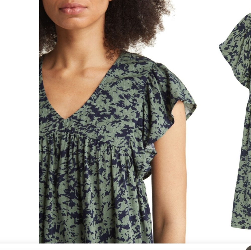 Caslon Popover Textured Flutter Sleeve Green Top Size Small - Picture 3 of 10
